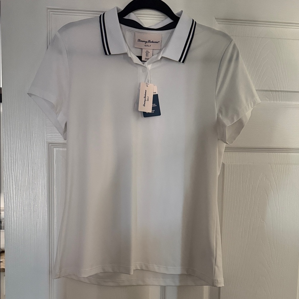 Tommy Bahama White Golf Polo with Navy Stripe Collar